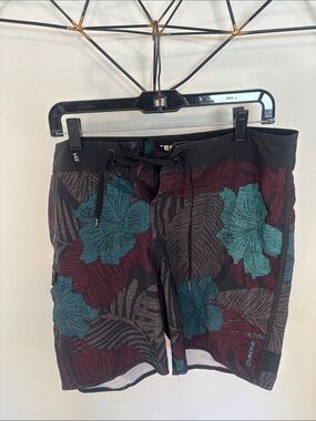 Dakine Black Board Shorts with Teal Floral & Maroon Leaf Print